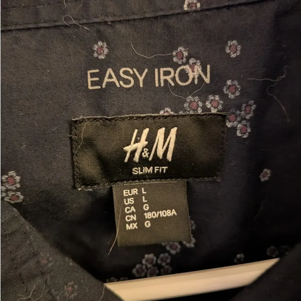 H&M Easy Iron Floral Short Sleeve Button Up Shirt Blue Men's Large